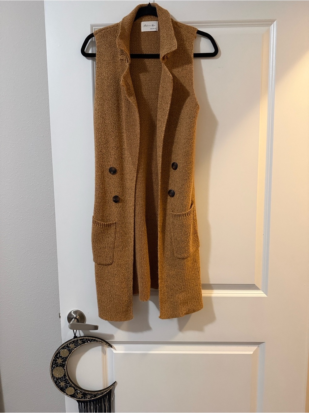 Active USA Double-Breasted Sleeveless Knit Vest in Camel Brown